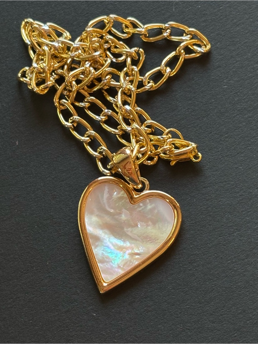 Gold Heart Pendant Necklace with Iridescent Mother-of-Pearl Inlay